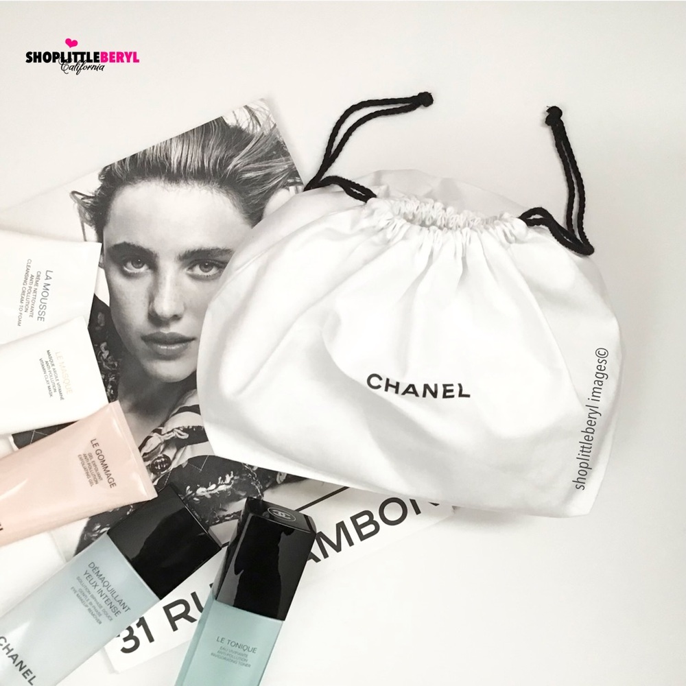 CHANEL White Cotton Drawstring Pouch Bag, Large